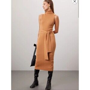 Toccin Camel Tie Front Turtleneck Rib Midi Sweater Tank Dress Size S